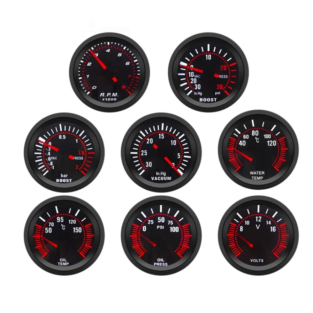 Contagiri da 2′′ 52mm RPM Boost Gauge PSI/BAR Vuoto Temperatura dell'acqua Temp dell'olio Pressione dell'olio Voltmetro Lente del fumo Indicatori per auto Misura 12V Auto