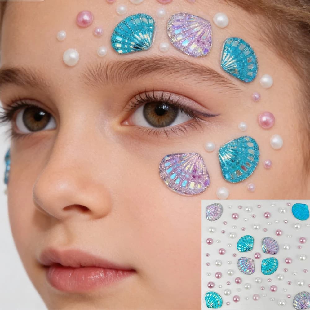 Adesivo Temporaneo per Tatuaggio 3D a Forma di Conchiglia Aurora, Gioielli per il Viso con Perle e Gemme per Trucco da Sirena