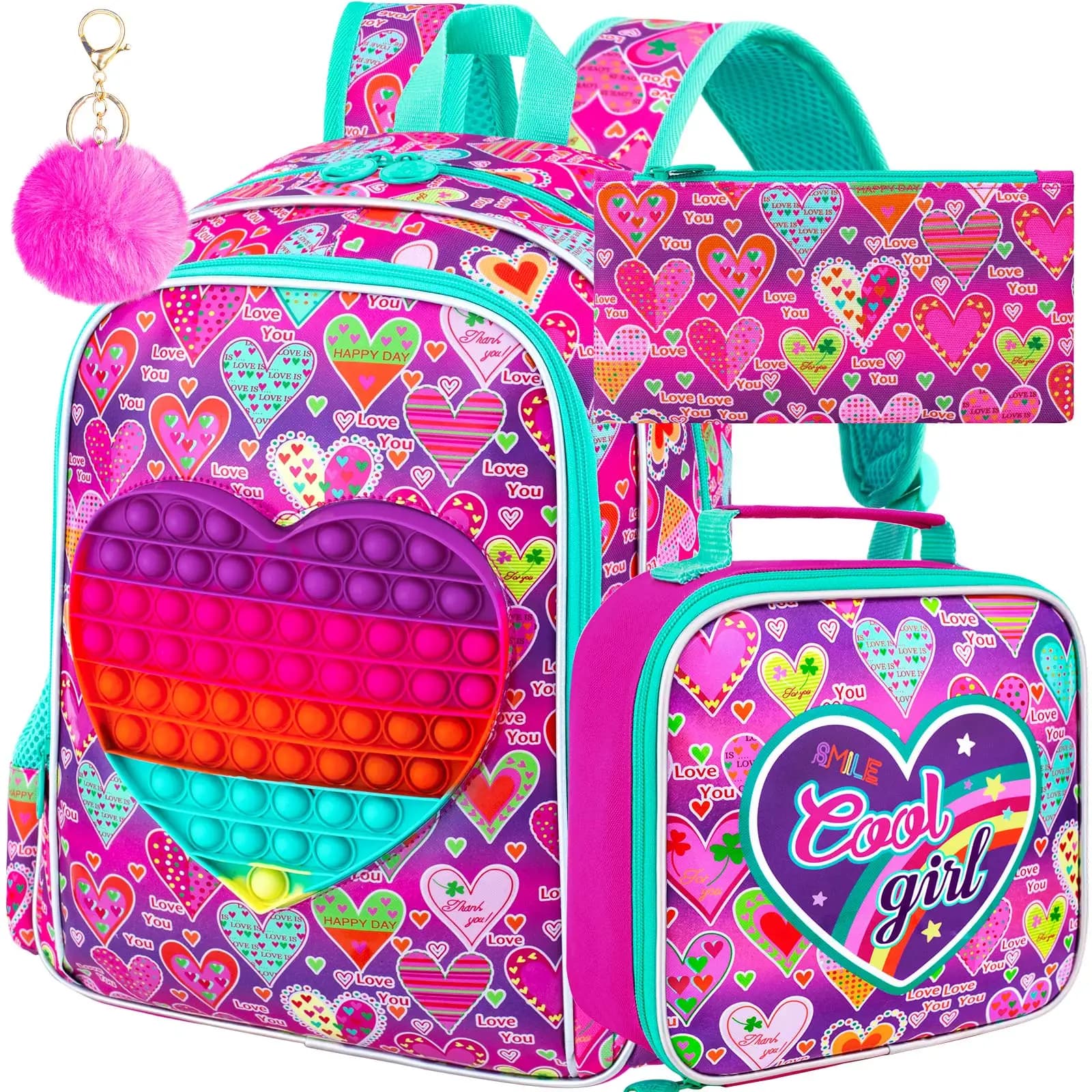 Zaino per ragazze da 3 pezzi, zaino per bambini da 16 pollici con scatola per il pranzo, borsa da scuola resistente all'acqua per bambini in età prescolare