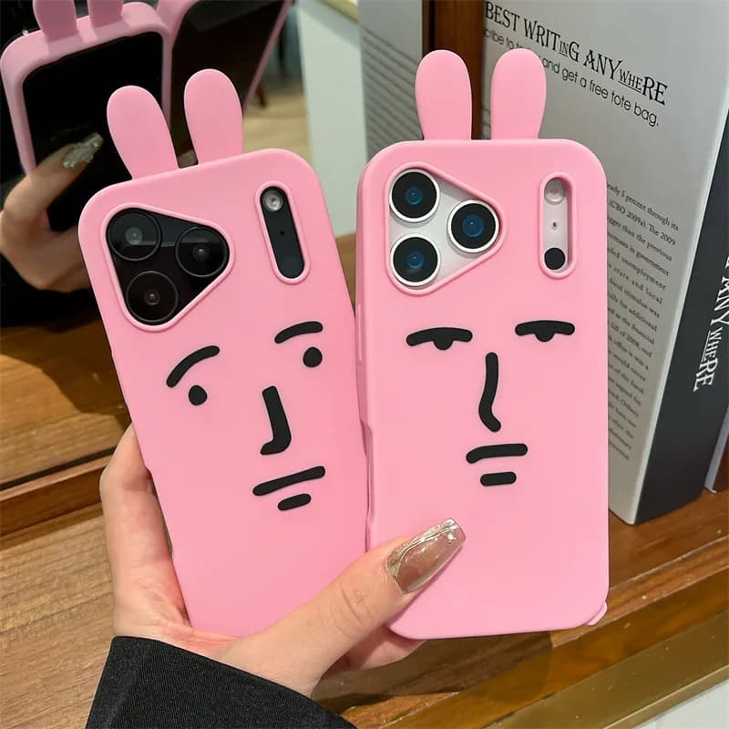 Kawaii 3D Funny Carton Animated Pink Emoji Rabbit Phone Case For iPhone 17 16e 15 14 13 12 Pro Max Plus Silicone Cover Soft Anti-urtus