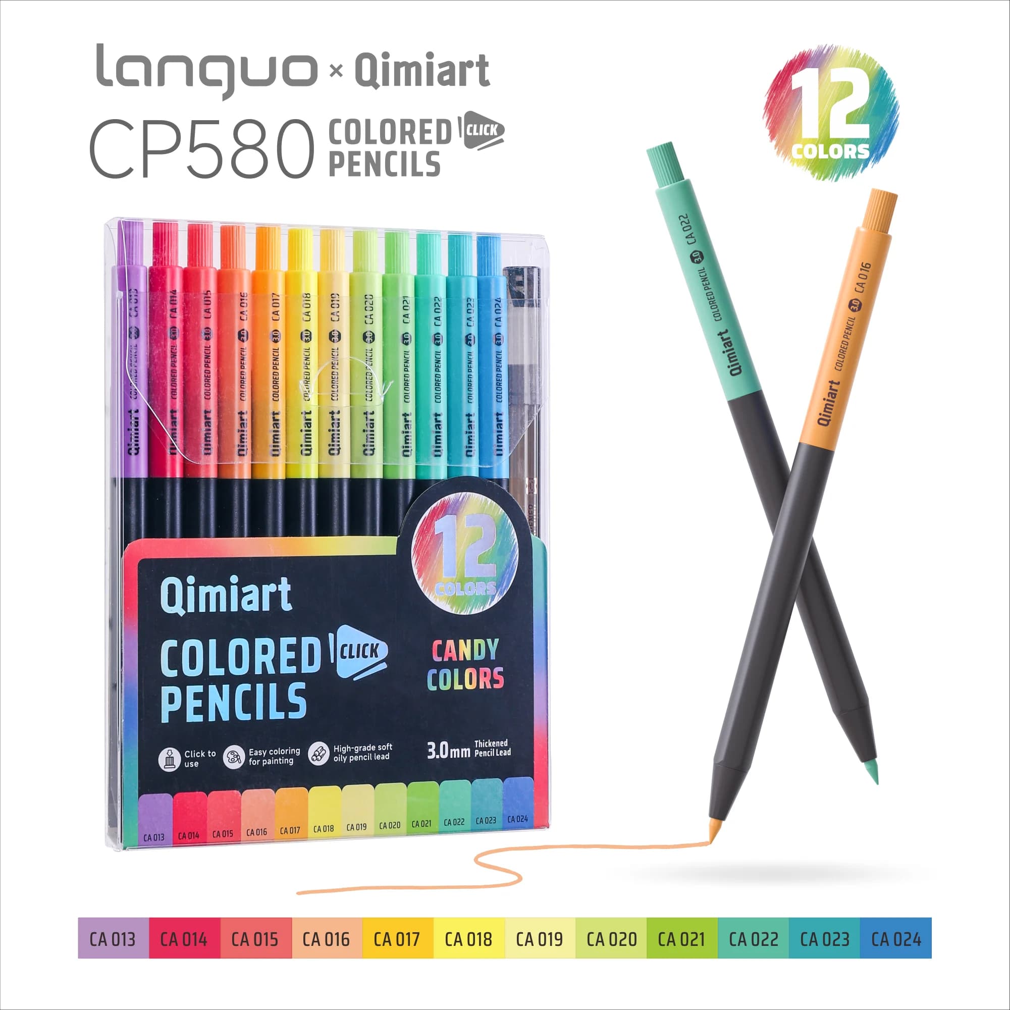 Languo 12 Colors Painting Mechanical Pencil Set Press 3.0mm Soft Core Oil for Sketching Drawing Coloring Book School Supplies