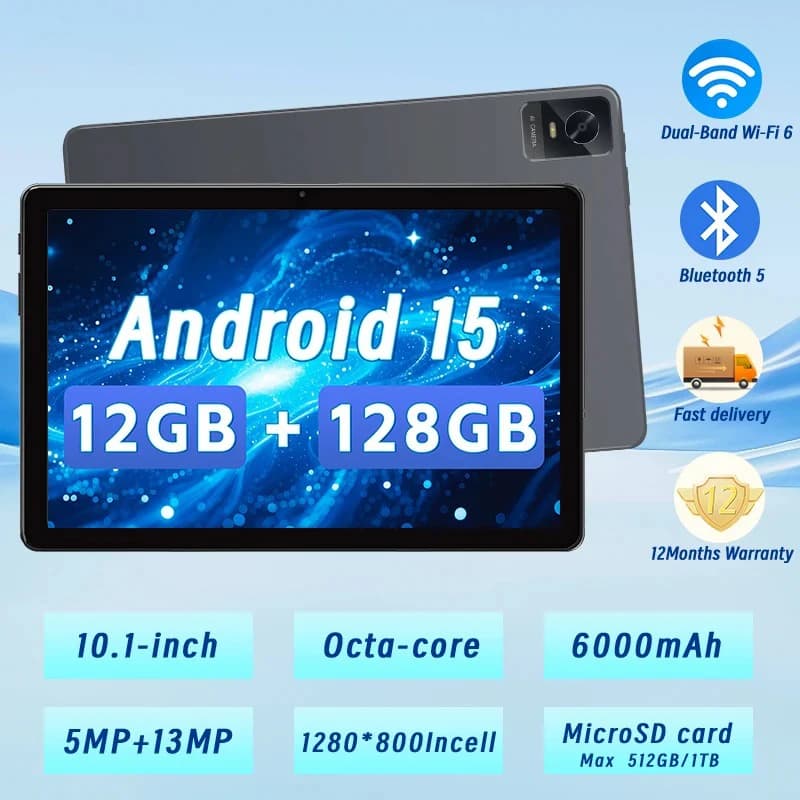 Tablet Android 15 2025, tablet da 10,1 pollici 12 GB+128 GB+1 TB Espandi, batteria da 6000 mAh Octa-Core, schermo diviso, Widevine L1, GPS WIFI 6