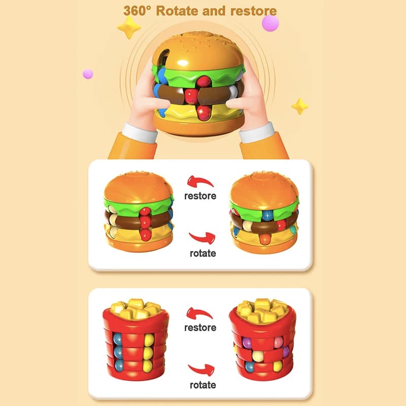 Cubo Magico Hamburger Fidget Spinner Giocattolo Antistress per Bambini Patatine Fritte Fagioli Magici Rotanti con Cuscinetti a Sfera per Alleviare l'Ansia