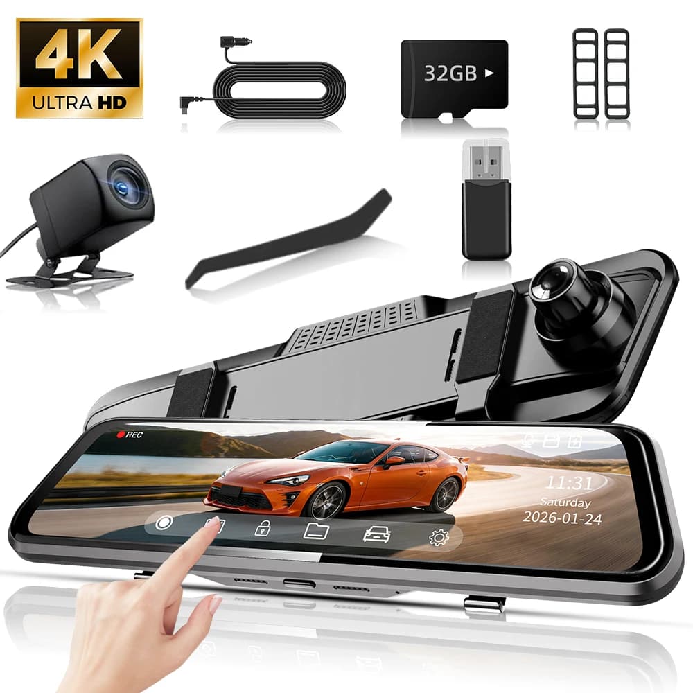 Dash Cam a Specchio 4K da 10 Pollici, Telecamera Posteriore Full Touch con Visione Notturna, Monitoraggio Parcheggio 24H, Registrazione in Loop, Universale