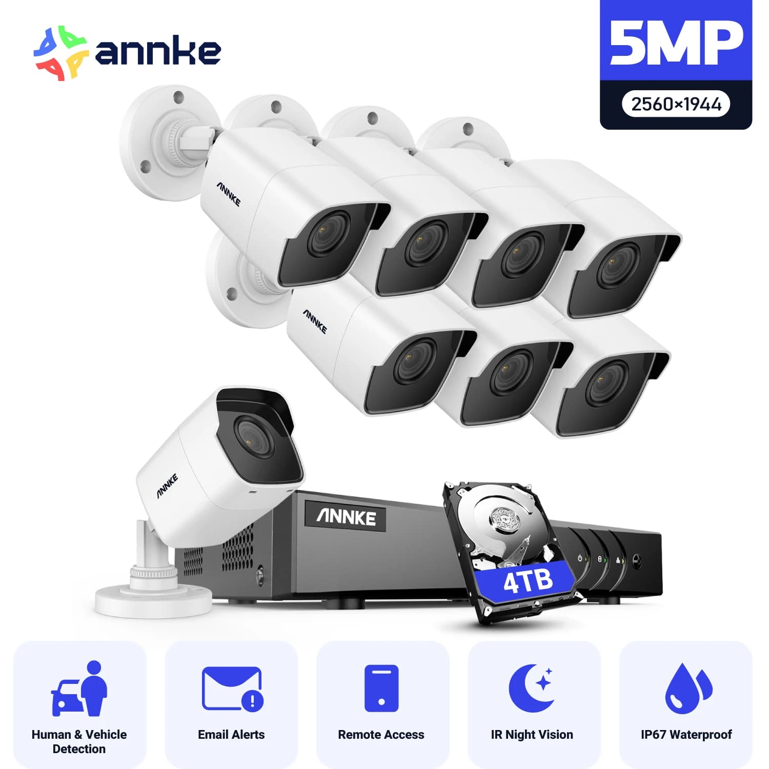 ANNK H.265 + 5MP Lite Ultra HD 8CH DVR CCTV Security System 4/8PCS Outdoor 5MP EXIR Camera for Night Vision Video Security Kit