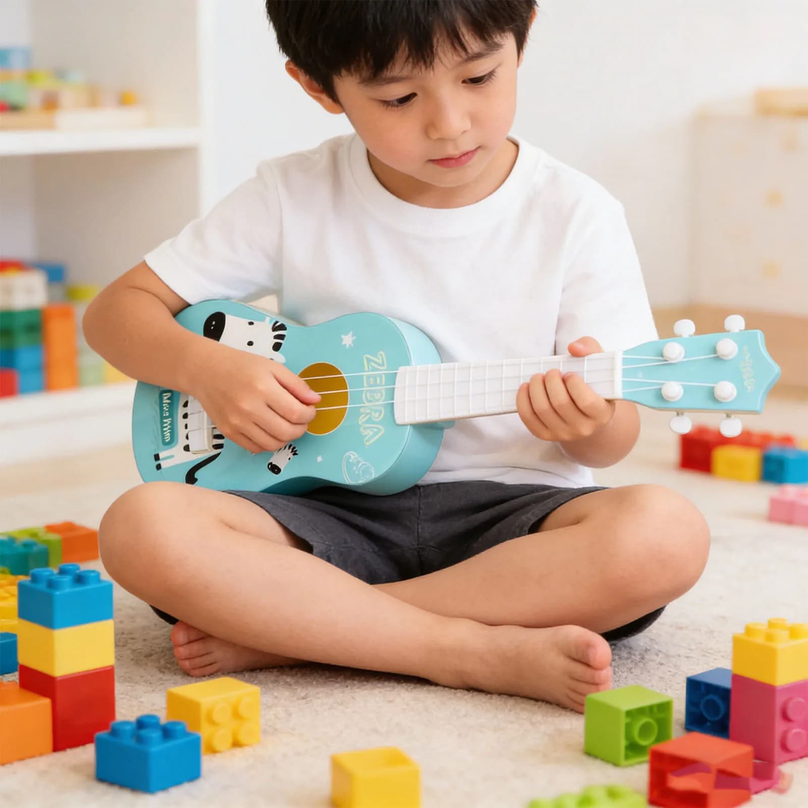 Ukulele Giocattolo Educativo per Bambini dai 3 Anni in Su, Strumento Musicale Simulato Suonabile per l'Apprendimento Precoce