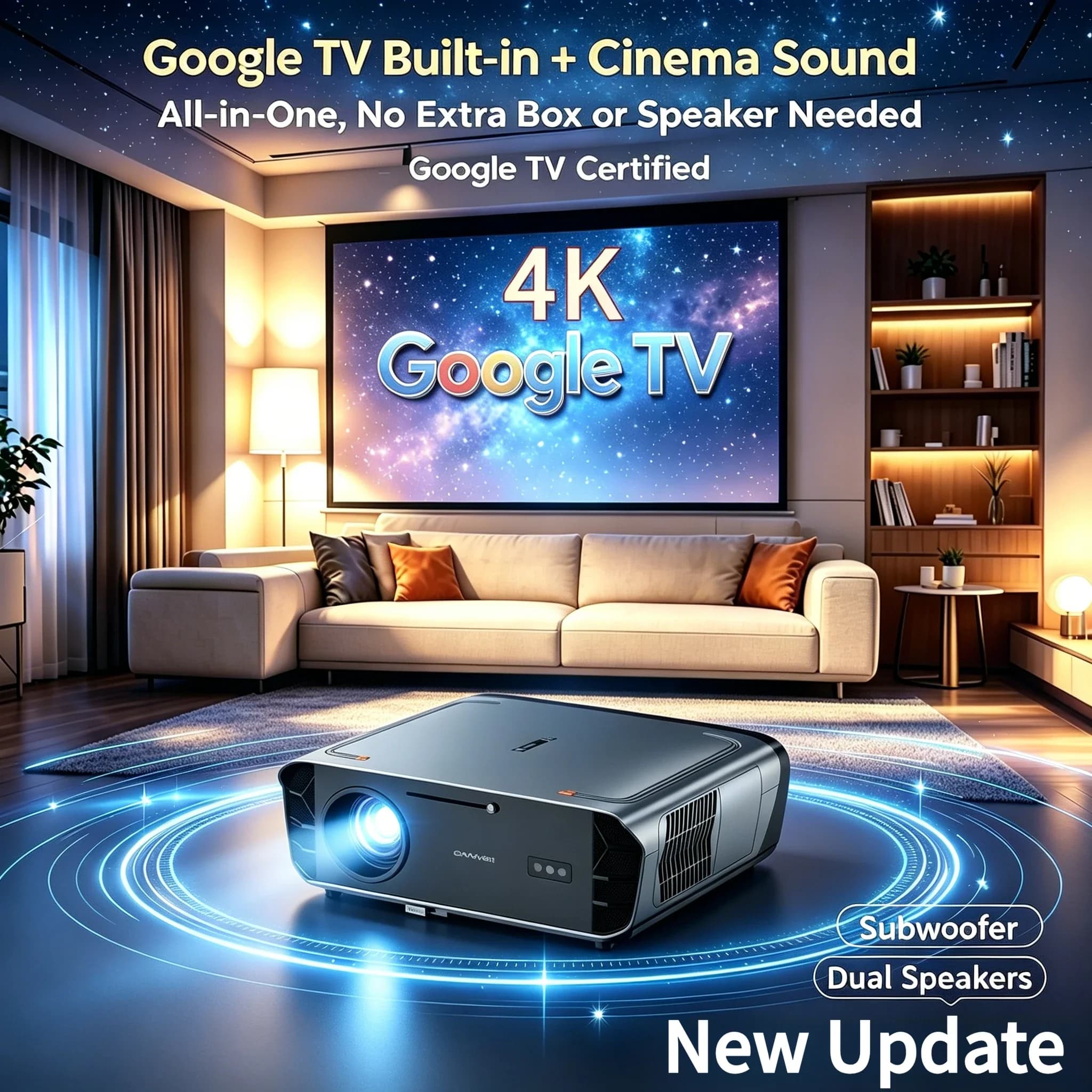 2026 new 4K projector updated with double speaker, autofocus, UHD, Google TV, home theater, Android 2.4