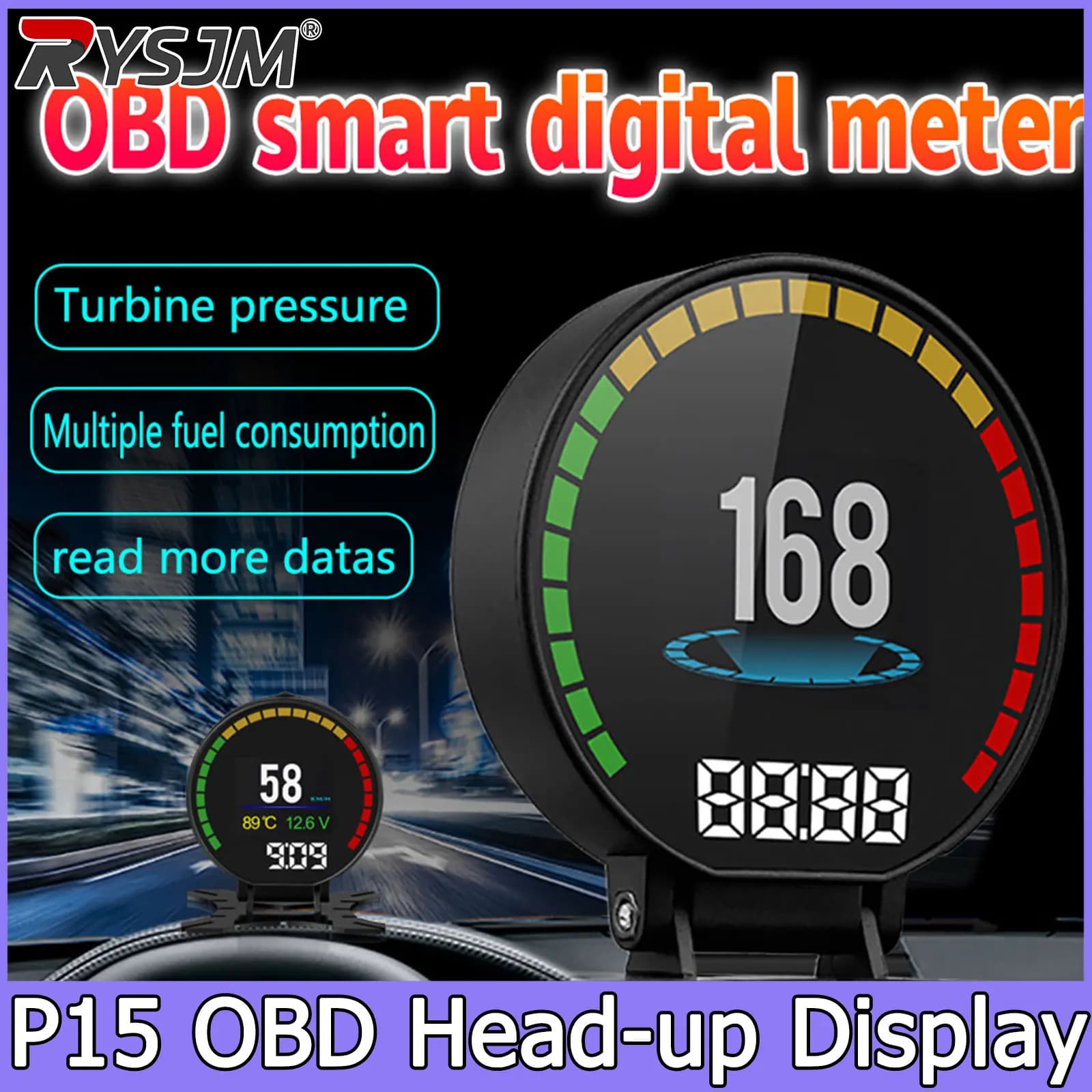 P15 OBD2 HUD Tachymeter Head-Up Digital Display Intelligent Speed Meter Voltage Temperature Oil Water RPM Auto Plug and Play Indicator