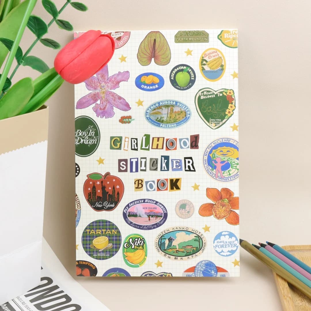 Girlhood Sticker Book, Fruity Icons & Pastel Letters Tickets DIY Scrapbooking Journaling Handbook Decoration