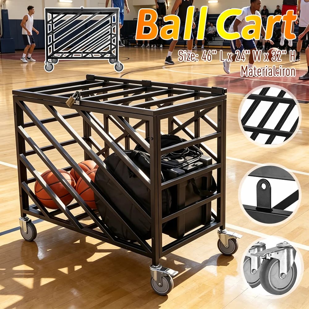 Carrello Porta Palloni con Ruote e Coperchio Bloccabile, Organizzatore per Pallacanestro, Pallavolo, Calcio, Struttura in Metallo Robusta per Parco Giochi