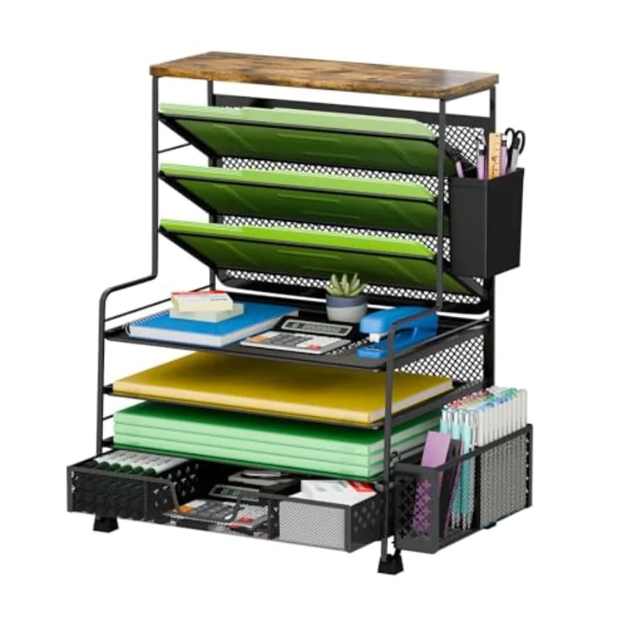 Organizzatore da Scrivania a 8 Livelli con Cassetto Scorrevole, Accessori per l'Organizzazione del Desktop, Organizzatore per Documenti Formato Letter, Nero