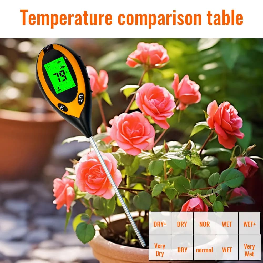 Soil pH meter 4 in 1, soil composition tester, moisture meter, temperature, sunlight intensity, soil acidity analysis and test