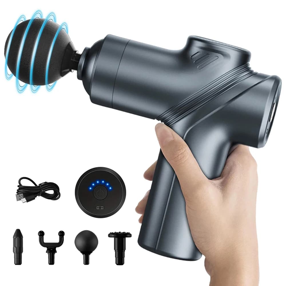 Mini deep tissue massage gun Muscle percussion massager for athletes 4 massages on the head and 6 speed Grey