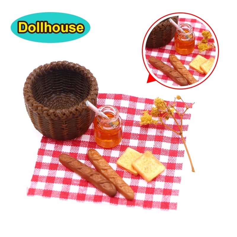 1/12 Casa delle bambole Simulazione Pane Miele Cestino da picnic Set Casa delle bambole Mini Decorazione alimentare Casa delle bambole Accessori da cucina