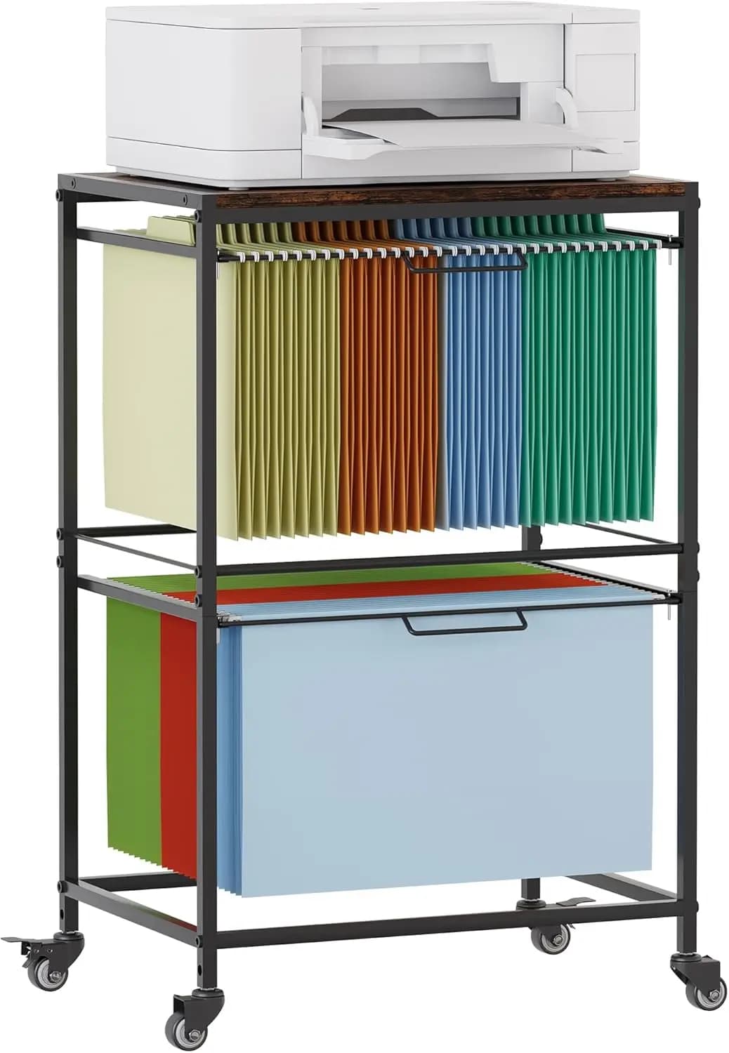 Carrello Portadocumenti con Ruote, Scaffale Metallico a 2 Livelli Estraibile per Documenti Formato Letter e Legal, Carrello Portadocumenti Portatile con Ruote, Nero