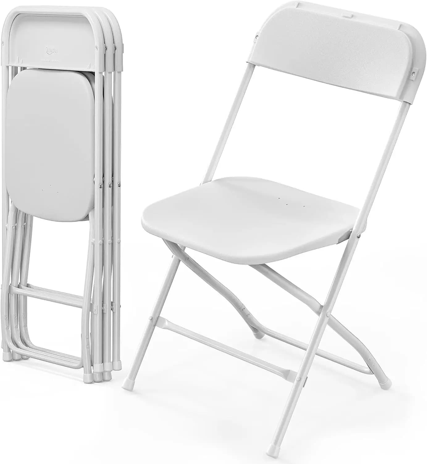 Pack of 4 folding chairs in white plastic, portable stackable commercial seat for interior and exterior with steel structure of 350 pounds. Capacity