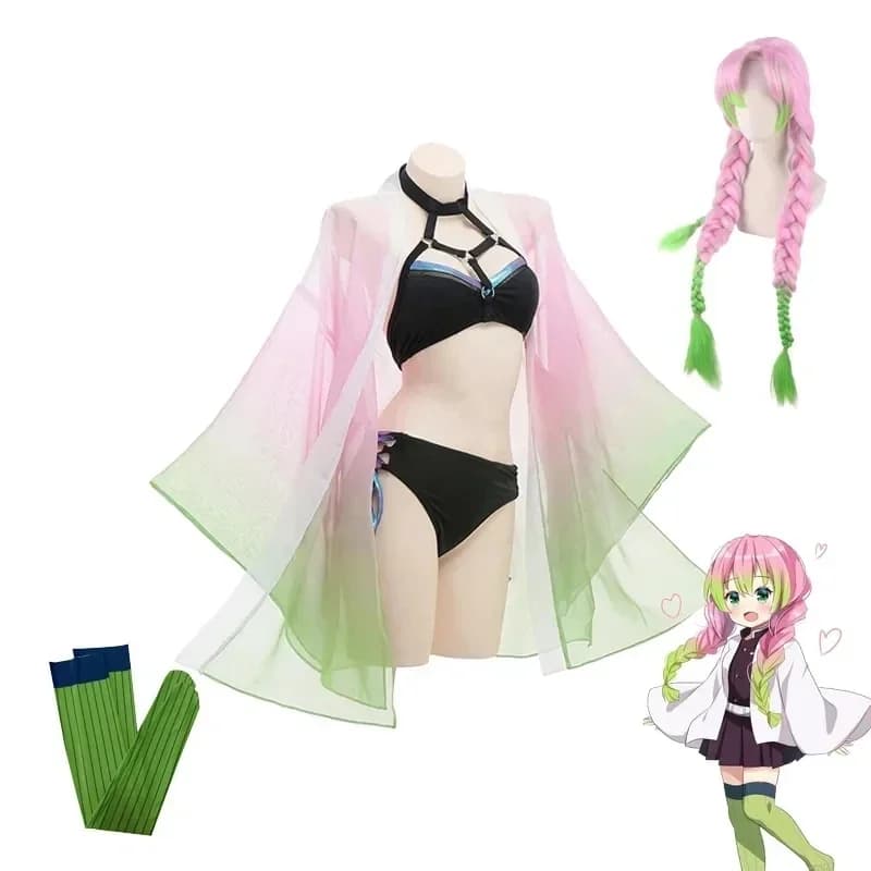 2025 Kanroji Mitsuri Sexy Strand Zomer Bikini Badpak Cosplay Kostuum Vrouwen Badpak Pruik Sokken Volledige Set