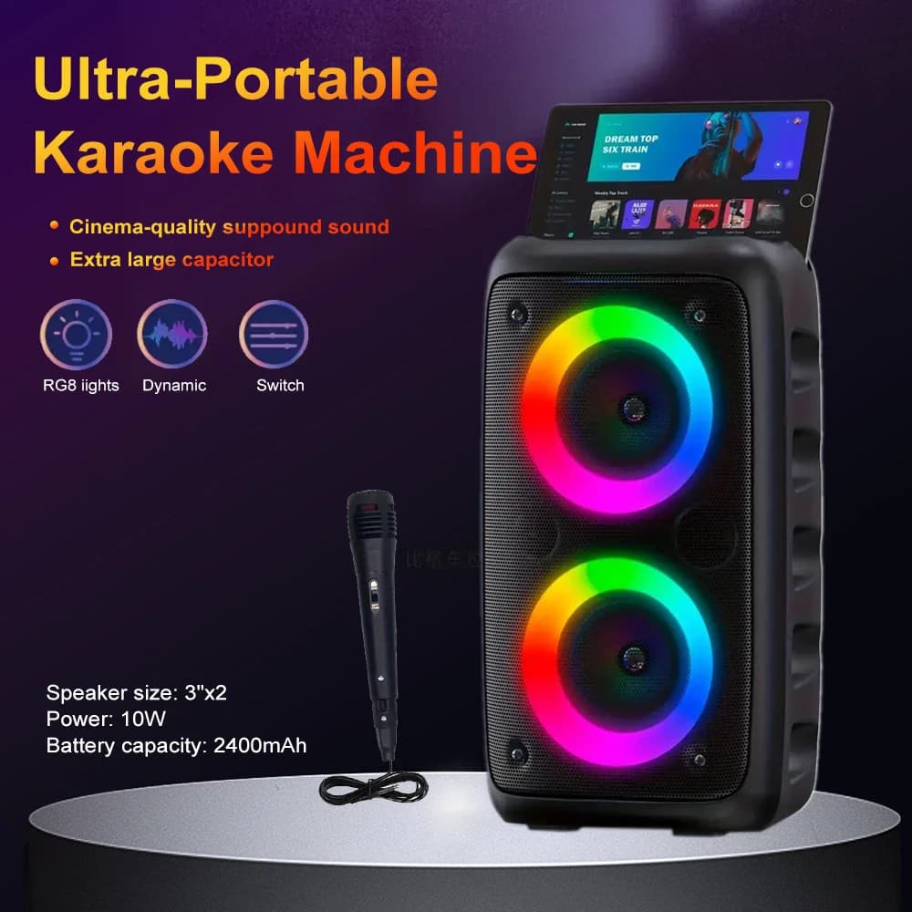 ZNLYRION HY-3317 Portable Bluetooth Karaoke Speaker Dual 3 Inch 10W RGB Ring Light TWS Wireless Stereo Speaker With Wired Mic 2400mAh Rechargeable Battery