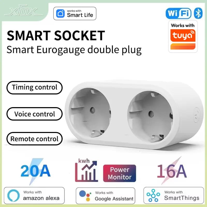 Tuya Wifi Smart Dual Plug socket Eu 16A 20A Function 2 in 1 with power monitor Smart Life Voice control Works with Alexa Google