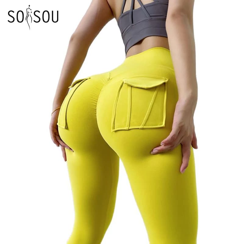 SOISOU Leggings in nylon Pantaloni da donna Pantaloni sportivi da yoga Sexy attillati a vita alta Mutandine da donna elastiche Tasca legging mujer