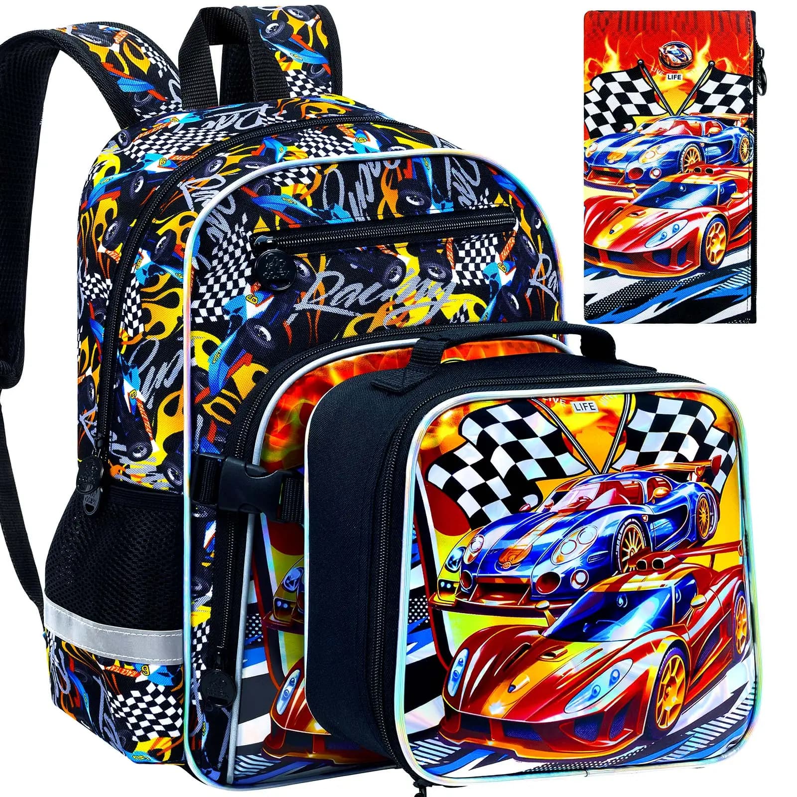 Zaino per bambini, set di 3 pezzi con borsa per il pranzo con clip, zaino scolastico resistente all'acqua a forma di camion per la scuola elementare e l'asilo.