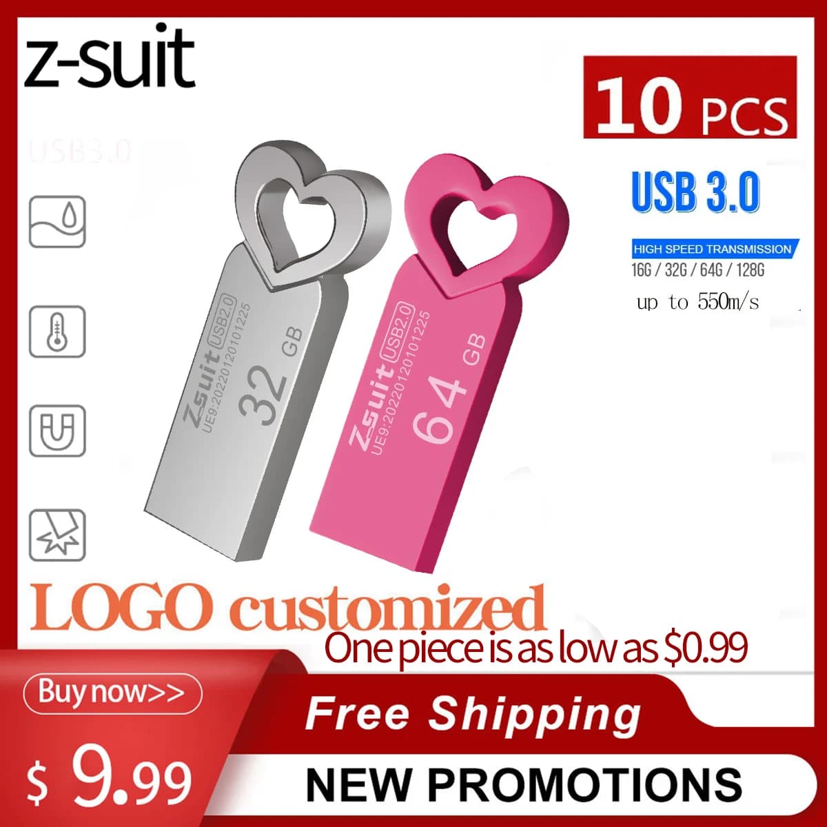 Chiavetta USB in metallo da 10 pezzi Pen Drive impermeabile 16 GB 4 GB 8 GB 32G Pendrive Memory Stick a forma di cuore Logo gratuito U Disco Shipp gratuito