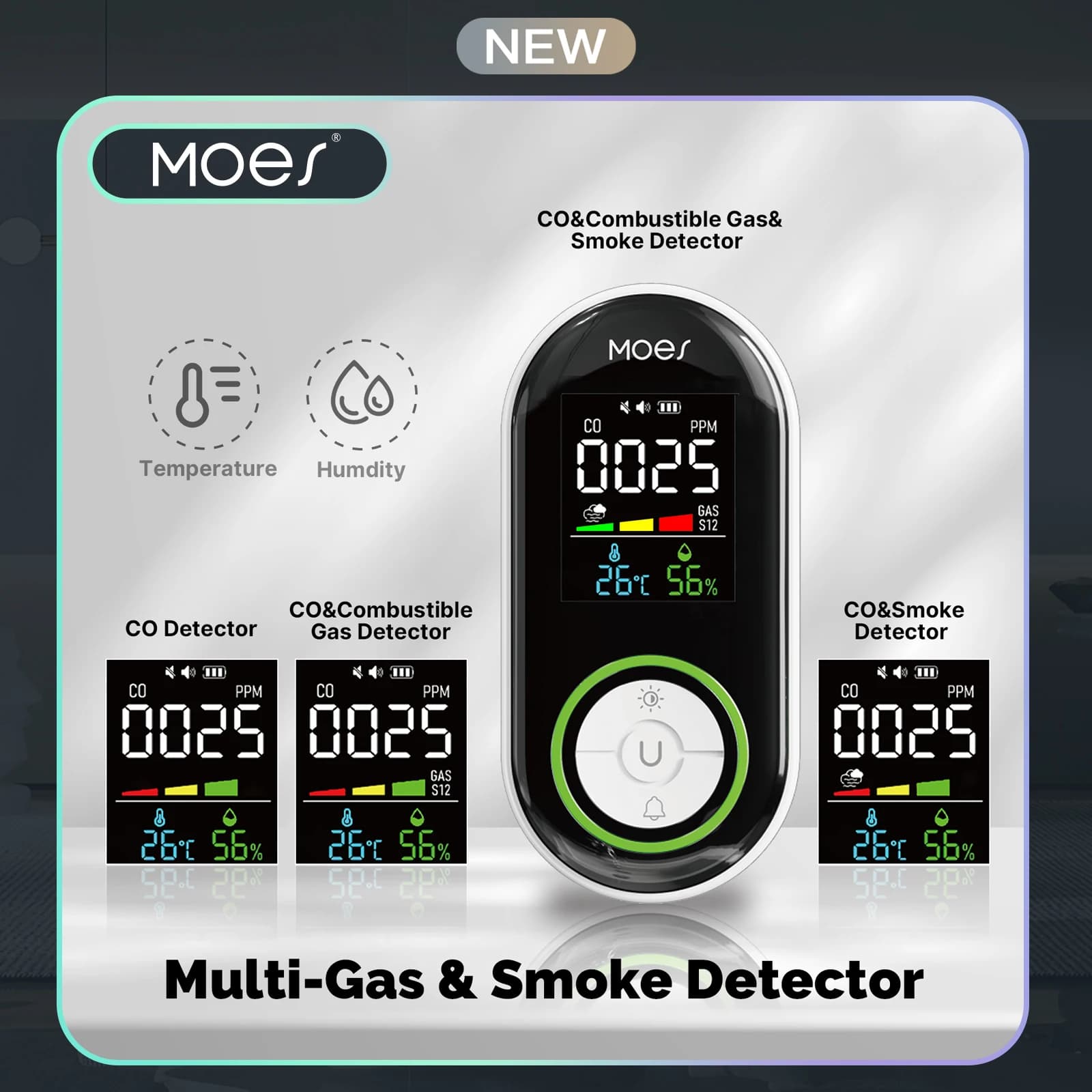 Rilevatore di Fumo e Gas MOES CO, Allarme con Sensore di Monossido di Carbonio, Display LED, Temperatura e Umidità per Cucina, Garage, Caldaia