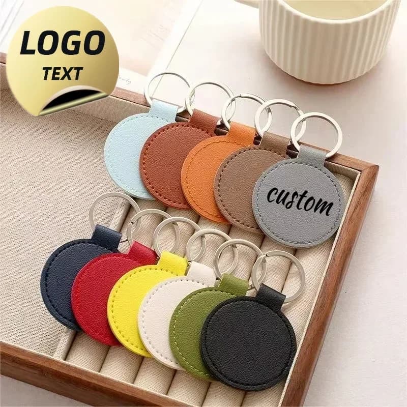 Custom Logo Keyring Empty PU Leather Keychain with Round Laser Engraving Keychain for Car Circle Custom Ring Keyring Cute Corporate Gift