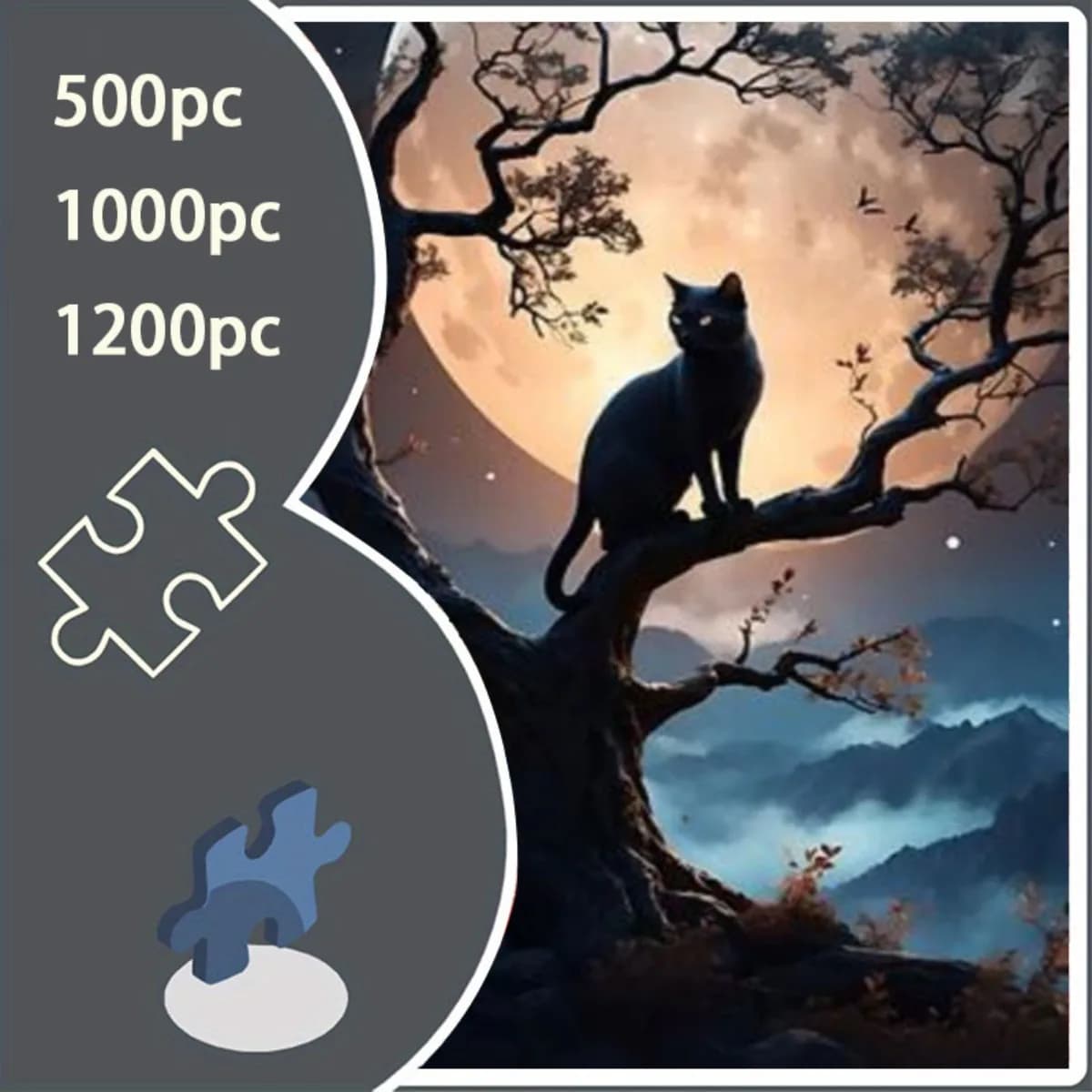 Puzzle da 500/1000/1200 pezzi per adulti: grande gatto nero su albero e scena notturna di luna piena con foresta misteriosa e gatto nero