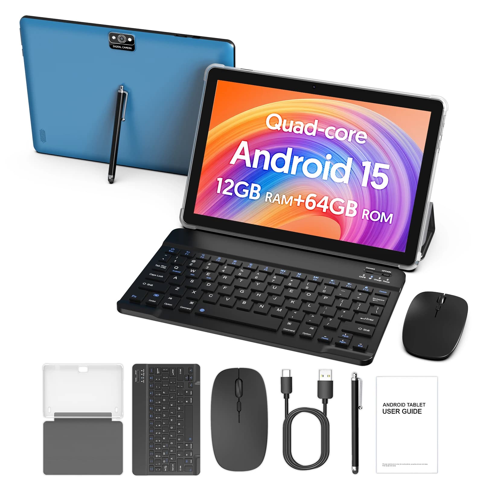 Nuovo tablet Android 15 BAKEN da 10 pollici con archiviazione da 64 GB, tastiera, custodia in pelle, slot per scheda SIM, stilo, mouse e doppi altoparlanti