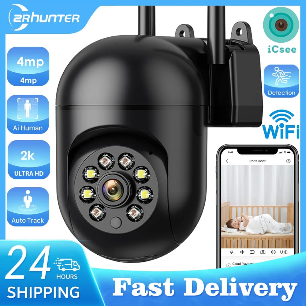 Telecamera Wifi esterna da 4MP PTZ IP 2K HD Telecamera di sicurezza Rilevazione automatica Monitoraggio Telecamera a colori notturna per bambini interna Sorveglianza ICSee APP