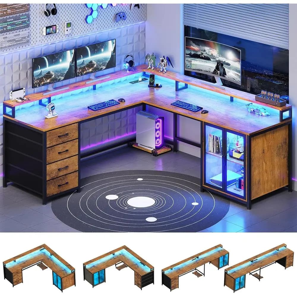 L Gaming Desk with 4 Drawers, Desk 109 with Showcase, 2 Monitor Supports, Cable Management, LED Lighting, Current Clamp
