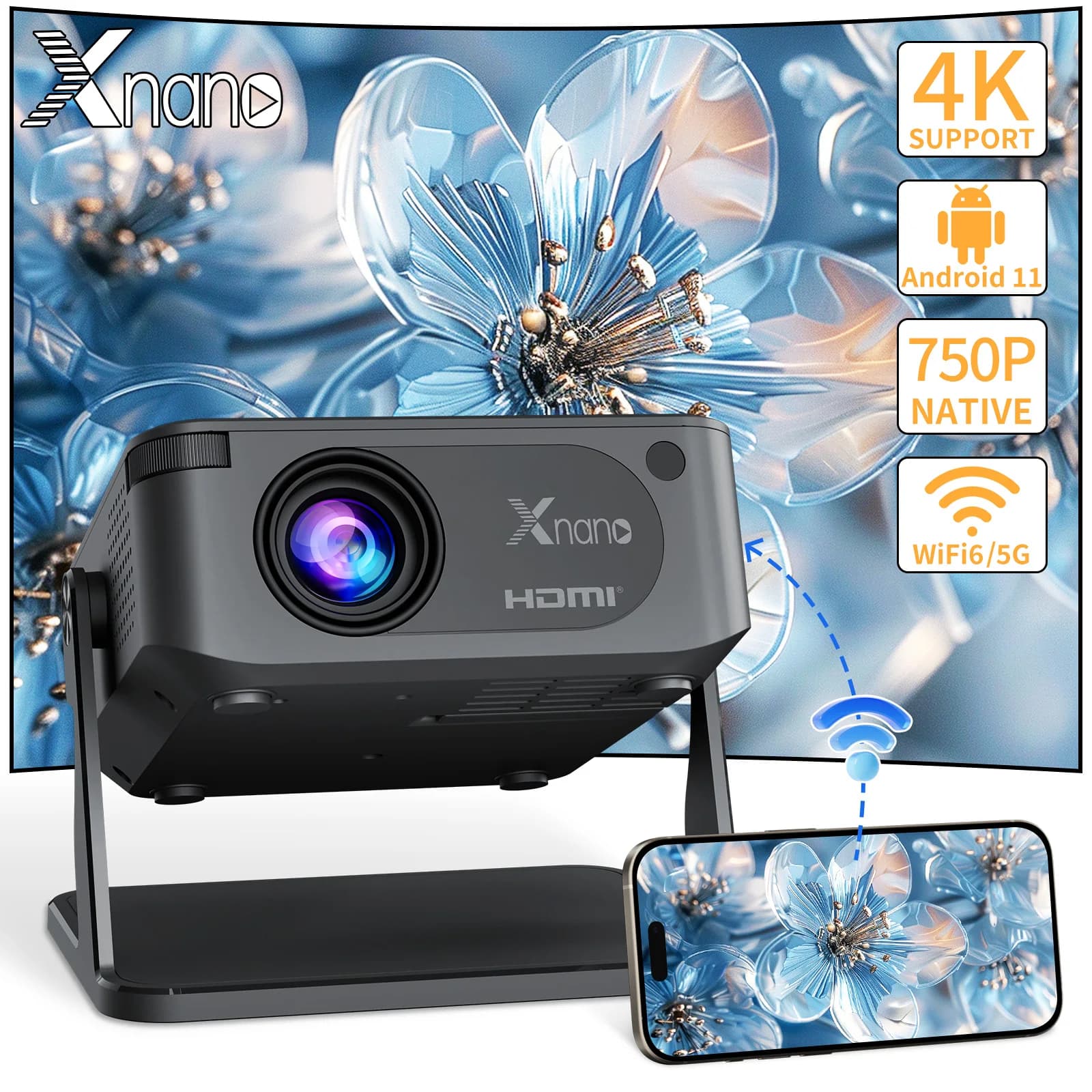 Mini smart projector with native support 720P Decode 4K Dual WiFi 6 Wireless 5 Portable cinema projector for Home Theater