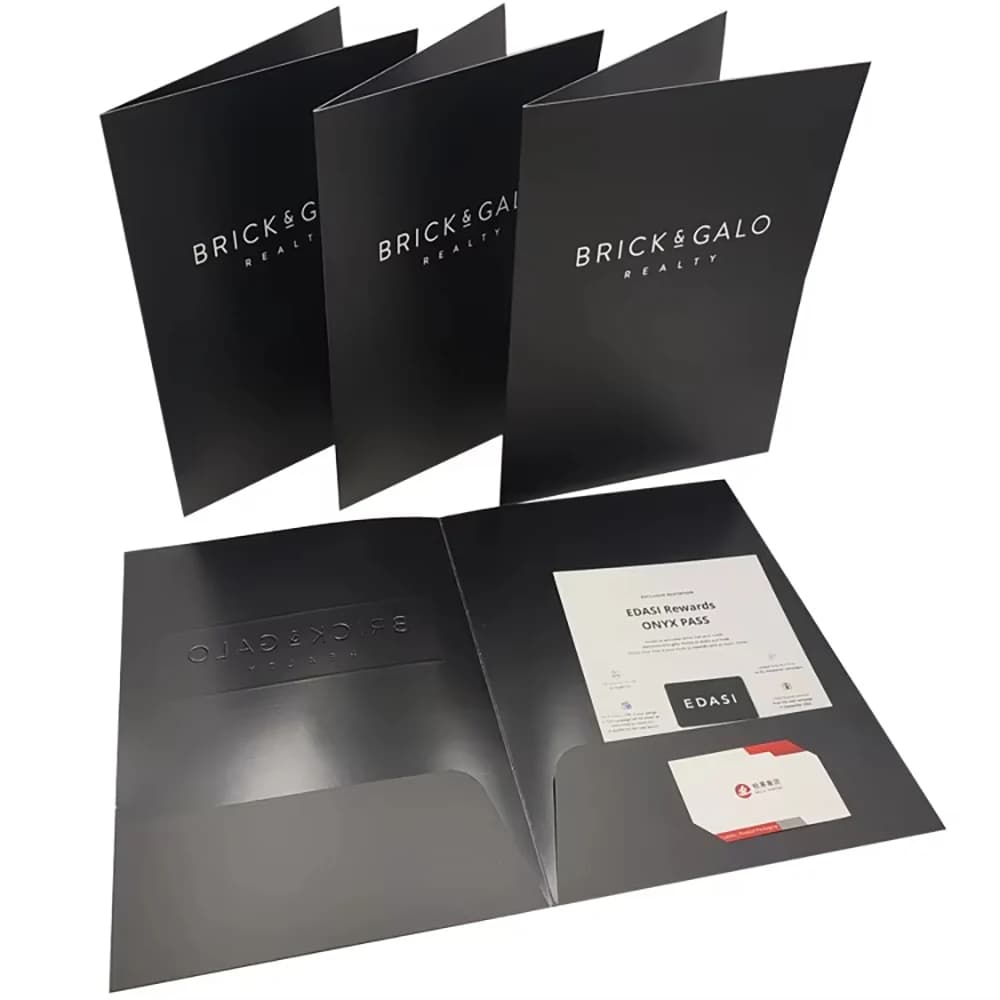 Personalizza la cartella di presentazione dei documenti di file di carta con slot per biglietti da visita in rilievo con laminazione di dimensioni