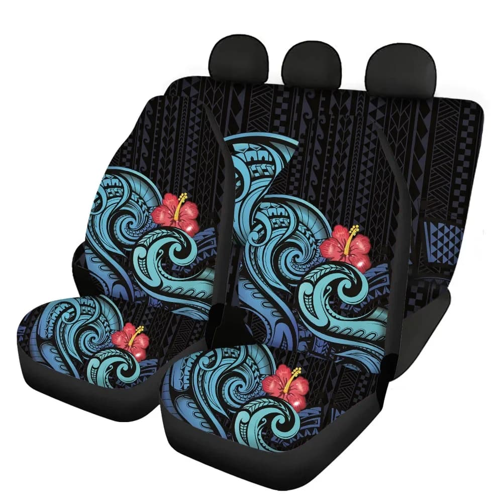 Nuovi arrivi Coprisedili anteriori/posteriori Set completo Blu Polinesiano Hibiscus Interni automobilistici Accessori per donne Voiture