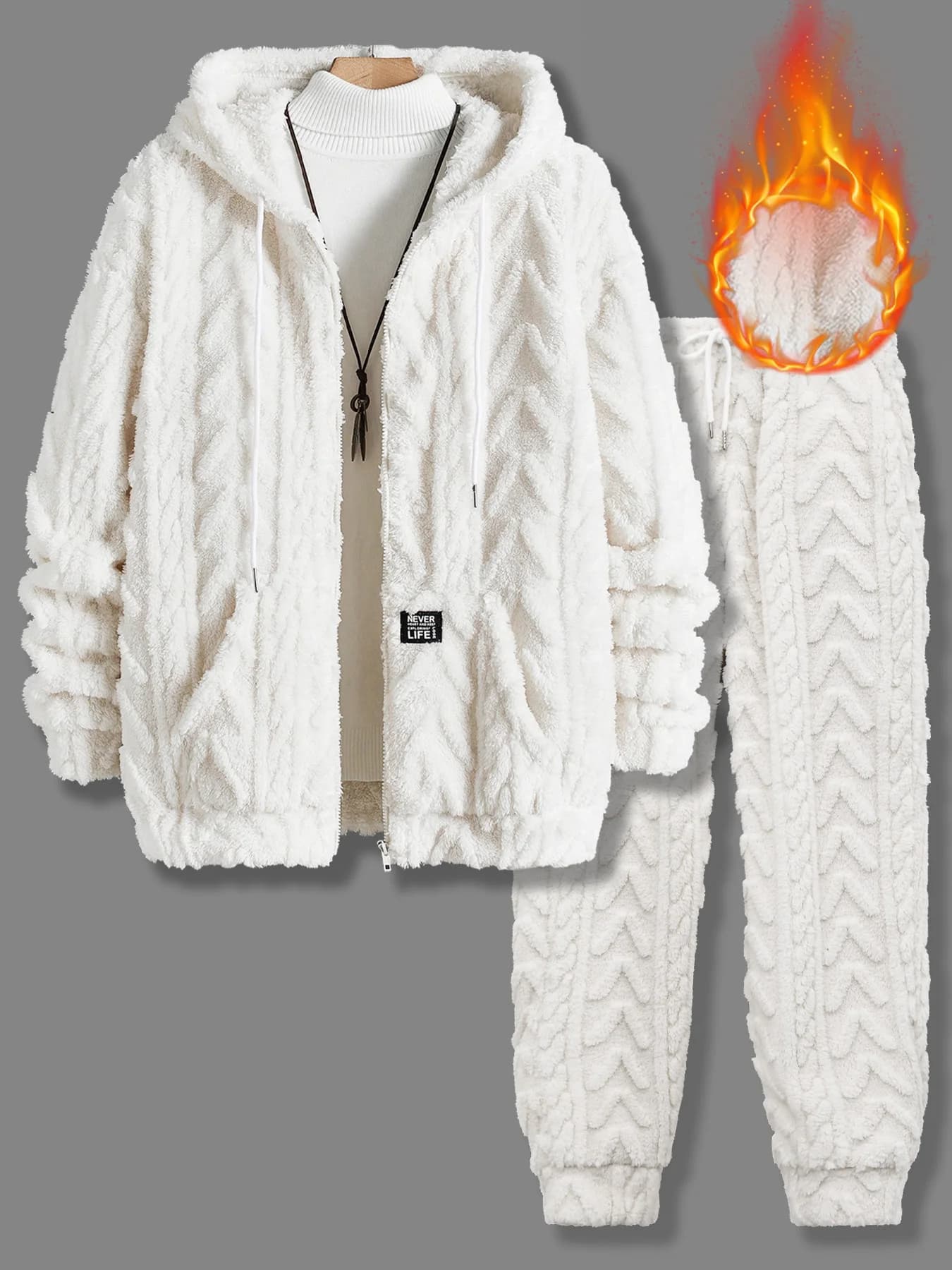 White Pile Set with Grano Texture for Men, 2 Pieces: Jogger Zip and Pants sweatshirt, Hot Thermal Clothing for Home