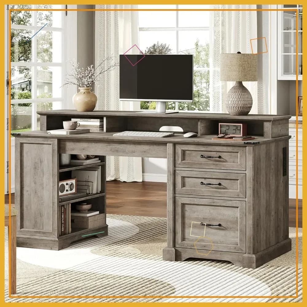 Executive Desk 55''' Style Fattoria with Cassetti, Charging Station and Monitor Support - Computer and Gaming Desk for Home Office