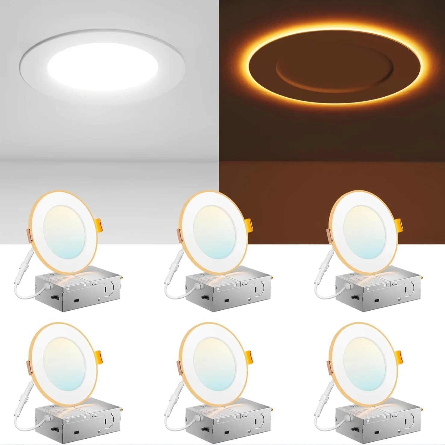Confezione da 12/6 Pezzi Faretto LED da Incasso a Soffitto 4/6 Pollici 5CCT con Luce Notturna, Illuminazione Ultra Sottile Selezionabile 2700K/3000K/3500K/4000K/5000K, 12W=110W, 1100LM, Dimmerabile, Senza Cornice, Tipo Wafer