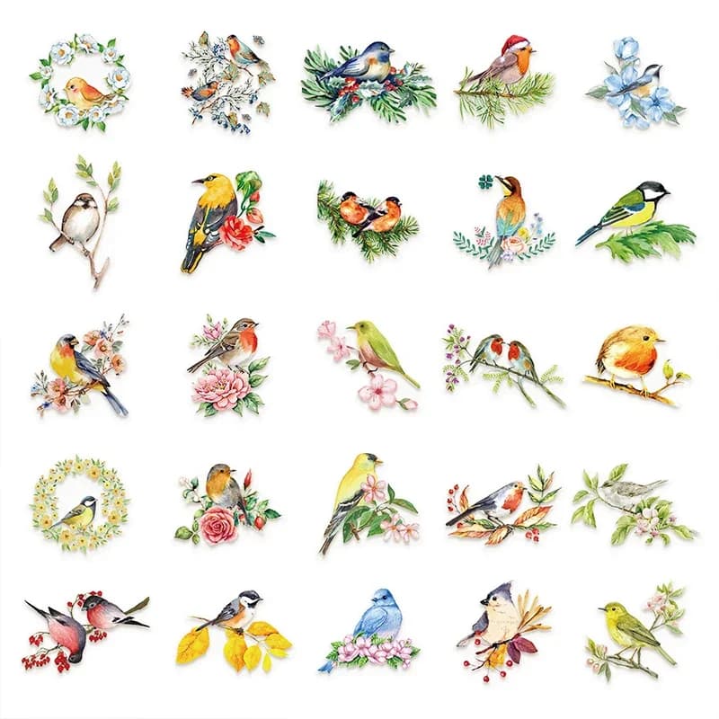 50PCS Cute Cartoon Bird And Flower Stickers Waterproof Vinyl Decals for Water Bottle Laptop Luggage Helmet