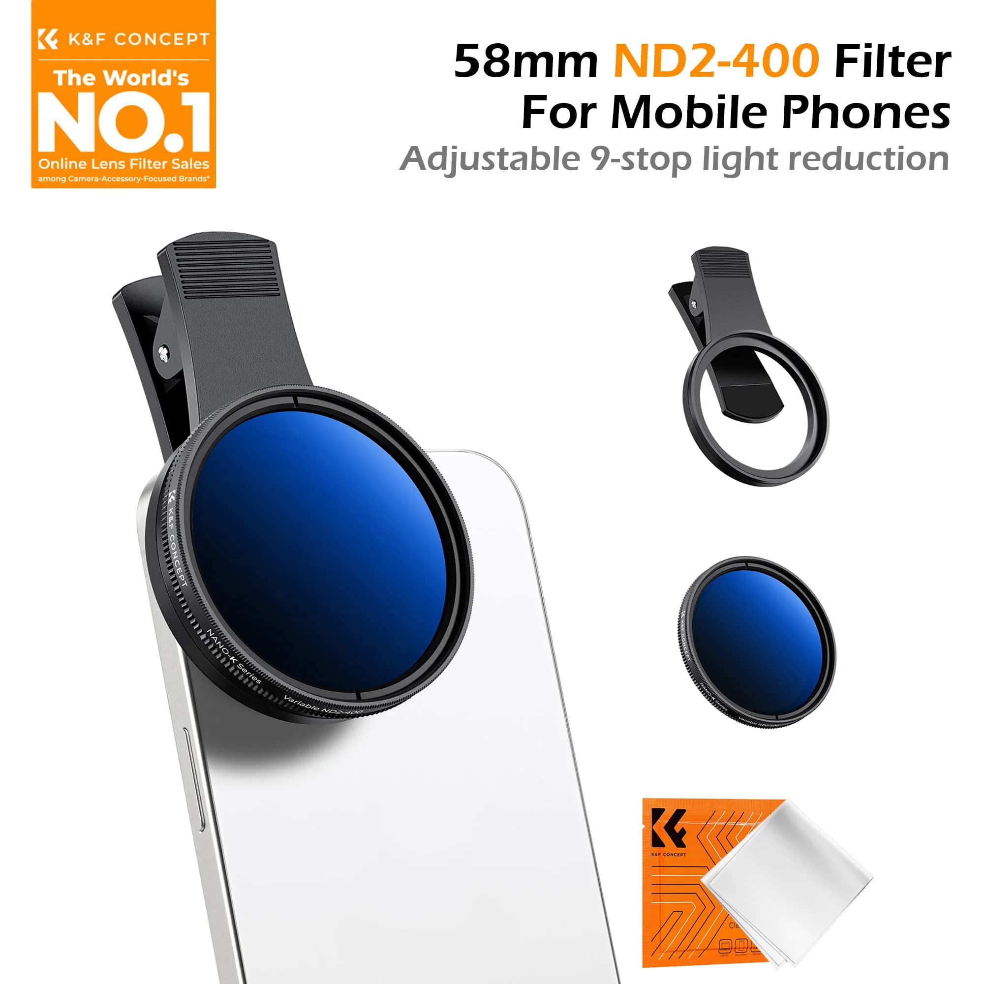 K&F CONCEPT Clip-on filter kit 52 mm ND2-400 for 1 to 9 stop smartphones for iPhone 17 16 15 Pro Max Samsung Xiaomi