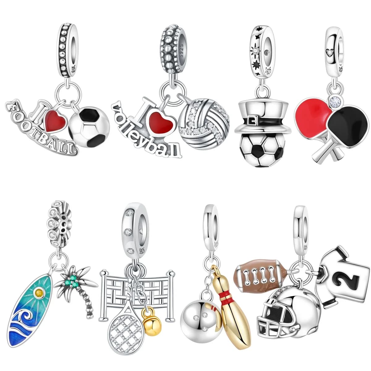 Ciondolo MISEFF S925 in Argento Sterling a Tema Sportivo: Calcio, Pallavolo, Tennis da Tavolo - Adatto per Bracciali, Creazione Gioielli Fai-da-Te, Regalo Donna