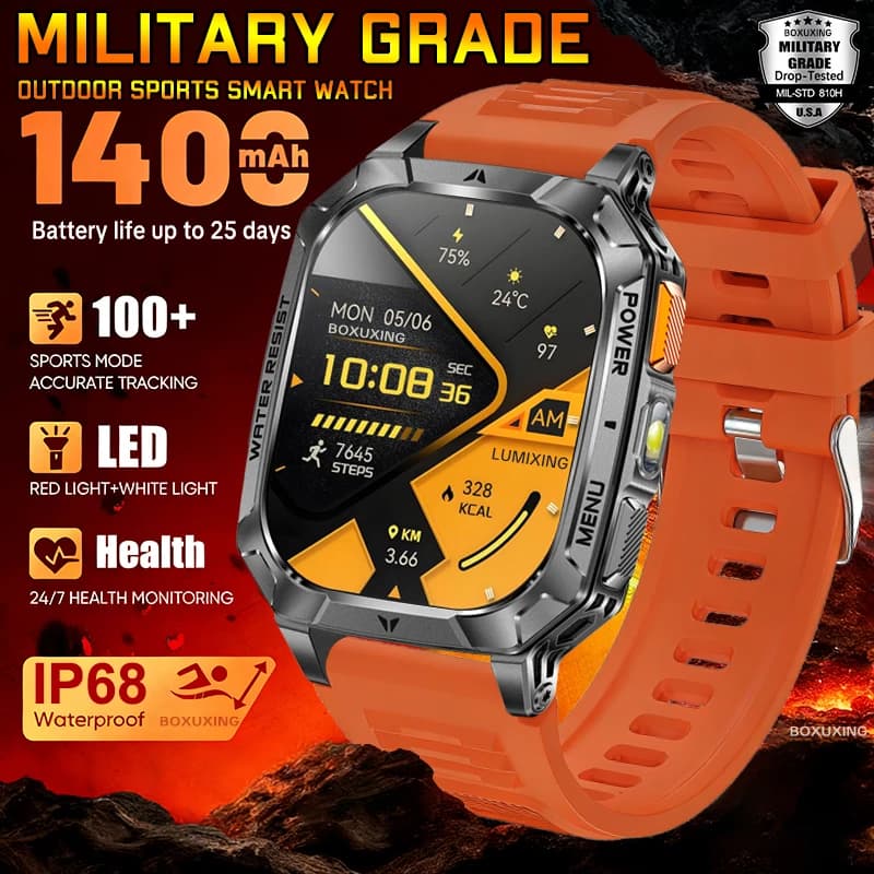Nuovo smartwatch militare con batteria da 1400 mAh, schermo AMOLED da 2,01 pollici, impermeabile IP68, torcia, chiamate sportive, smartwatch per iOS e Android