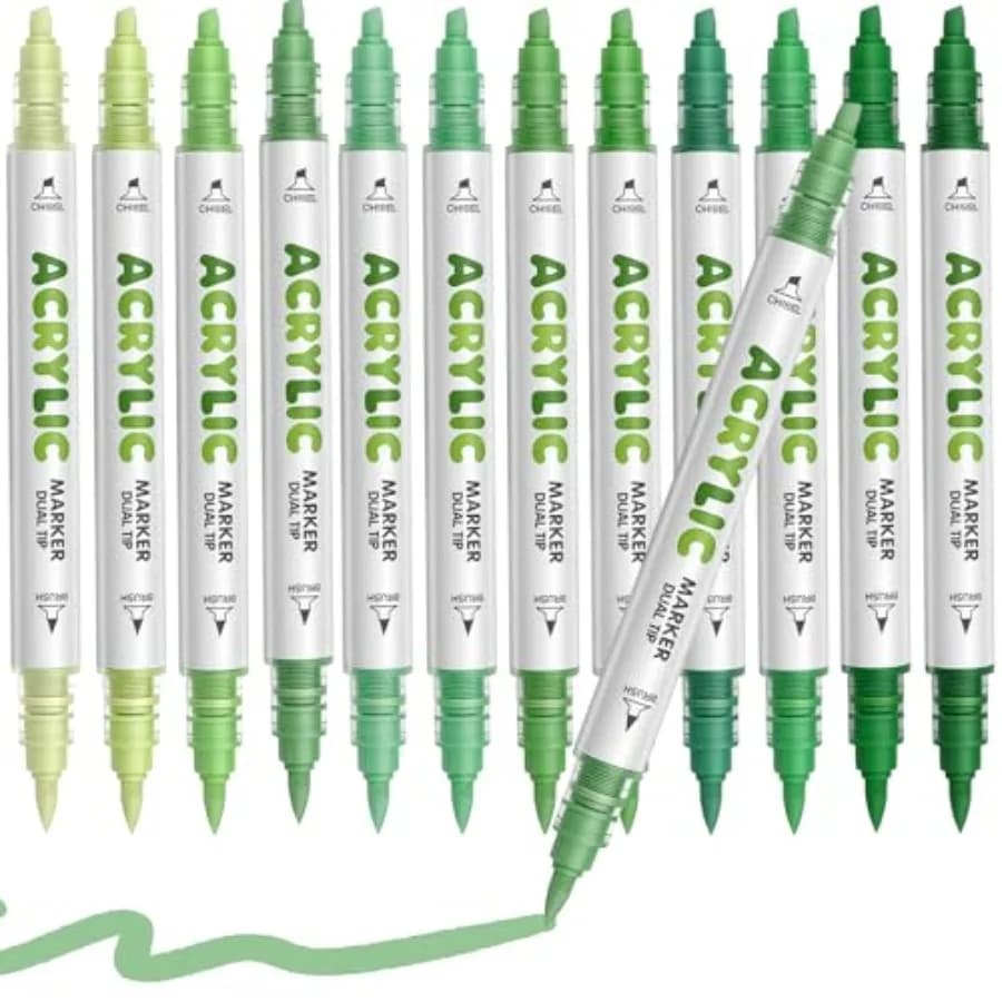 Green Acrylic Paint Pens, Water Based 12 Colors Dual Tip Acrylic Paint Markers for for Rock Painting Wood, Glass, Ceramic, Canv