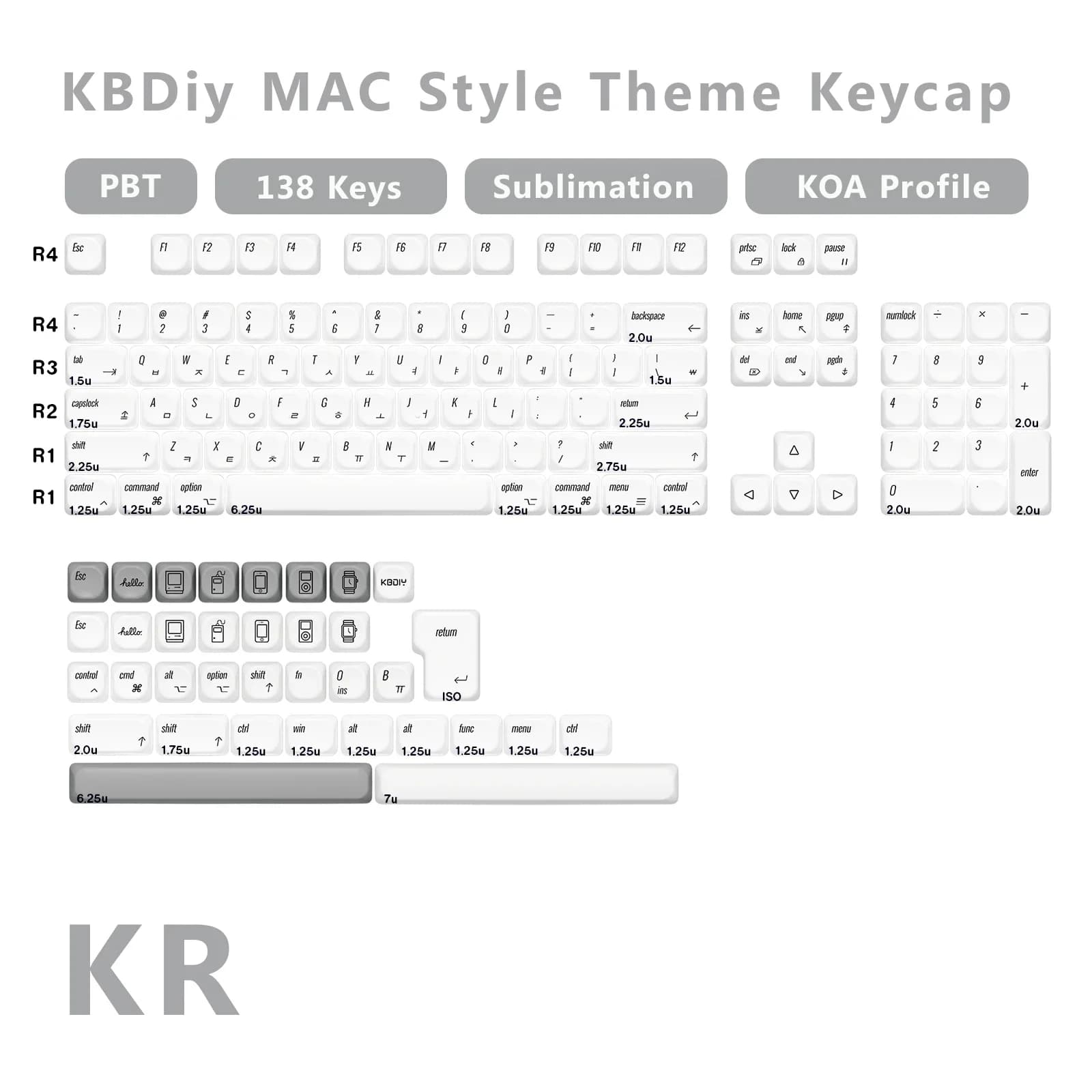 Keycap Korean KBDiy for Gaming Mechanic Keyboard, PBT Custom, KOA Profile, MAC Apple Style, 138 F87 F108 F99 Pro