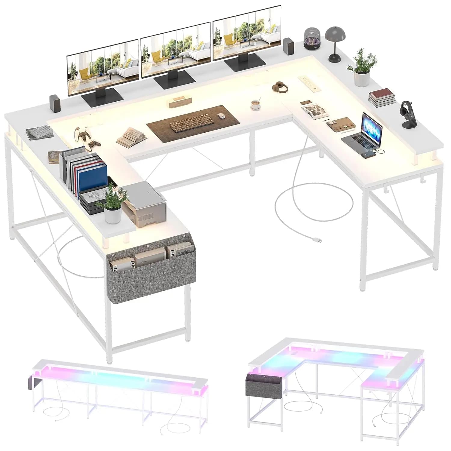 Desktop from Gaming 126 Inch with Monitor Support, LED Lights, Reversible Current Grips, Storage Bag, Hooks, White, Customizable