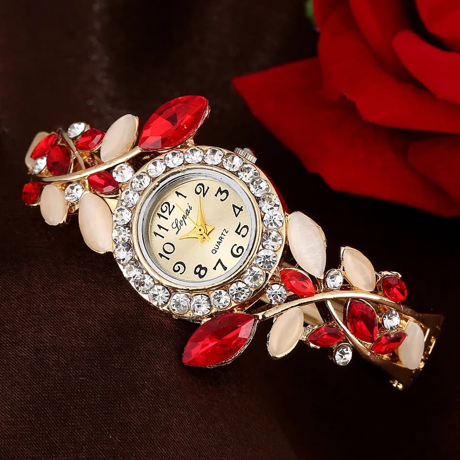 Women's Watch with Luxury Diamonds Wrist Watch with Crystal Alloy Flower Stylish Wrist Watch with Rhinestone Quartz Bracelet