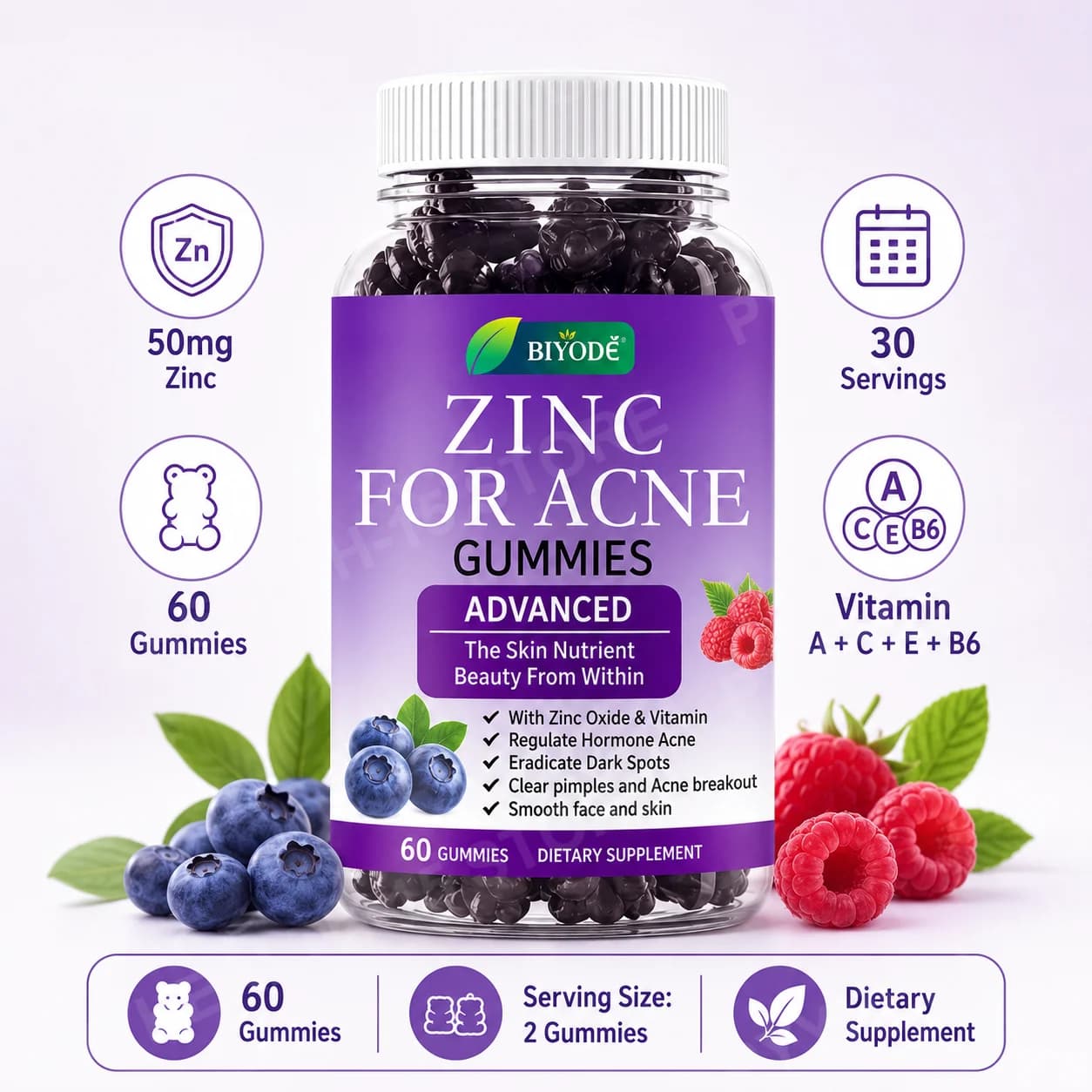 Biyode Zinc Gummies with Vitamin C Niacinamide Green Tea & Rose Hips, 60 Ct Daily Skin Wellness Supplement for Men & Women