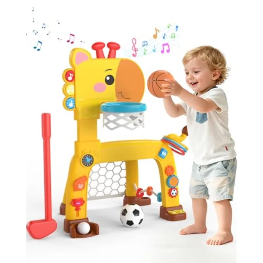Centro Attività Sportivo 4-IN-1 per Bambini 1-3 Anni: Golf, Lancio Anelli, Canestro da Basket e Porta da Calcio con Luci