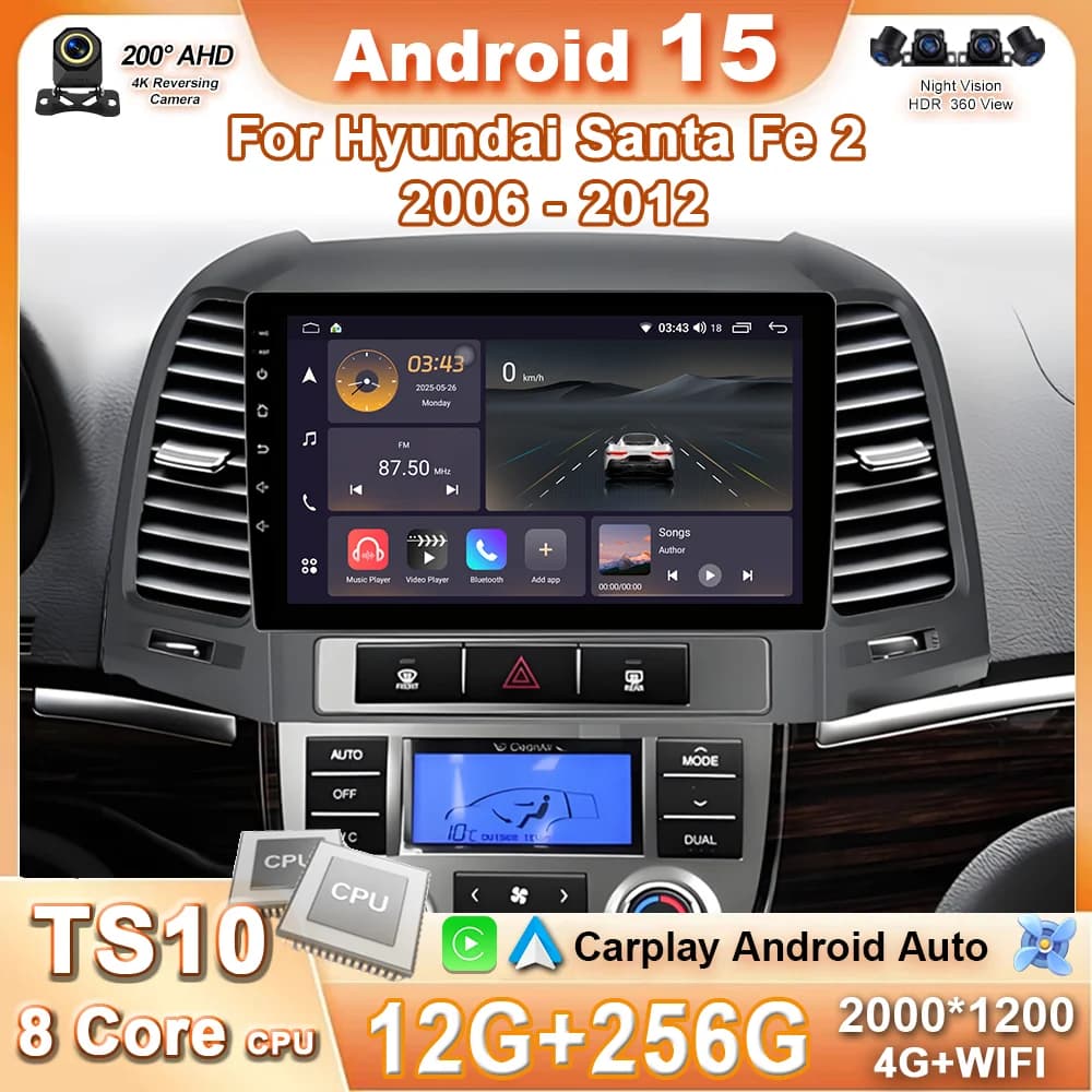 Android 15 Per Hyundai Santa Fe 2 2006 - 2012 Auto Radio Stereo Multimidia Lettore di Navigazione GPS Carplay Android Auto 4G Wifi BT