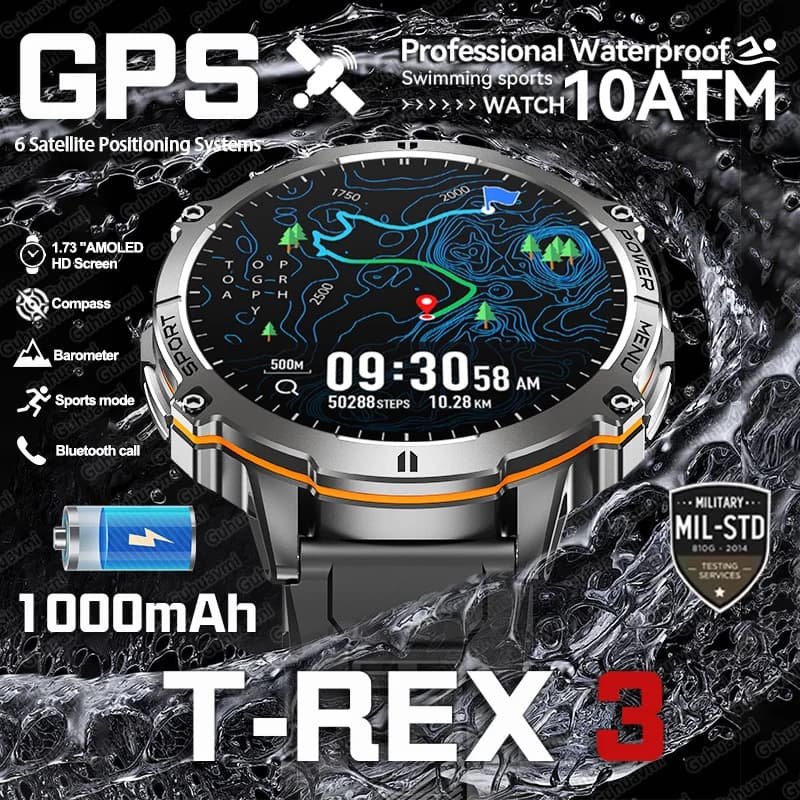 T-Rex 3 Grado Militare 1000mAh Batteria Astuto Della Vigilanza 10ATM Impermeabile GPS Bussola Altimetro Chiamata AMOLED Uomini Nuoto Sport Smartwatch